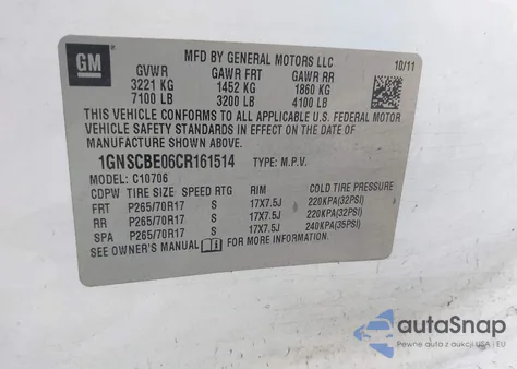 2012 Chevrolet Tahoe Lt z USA, uszkodzony, nr VIN 1GNSCBE06CR161514